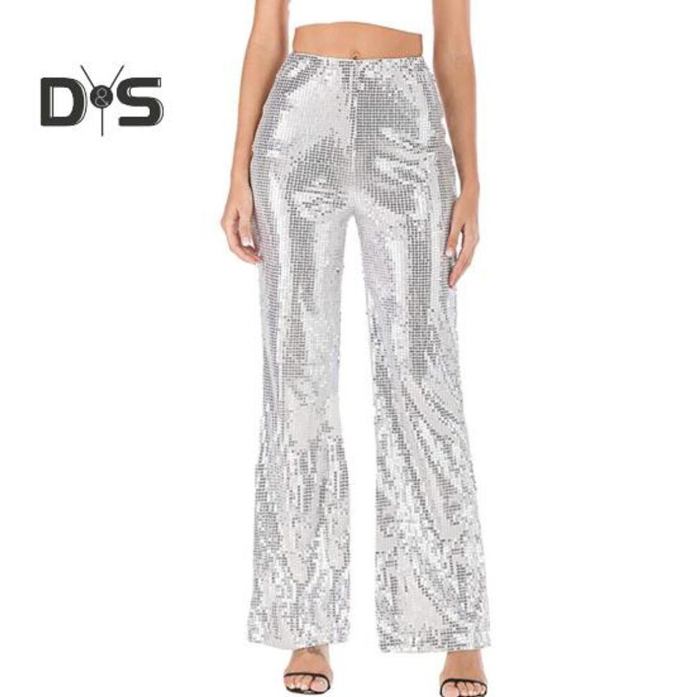 (white, M) Women Pants Shiny Sequin See-through Elastic High Waist Thin Loose Flared Hem Solid Color Full Length Soft Breathable Nightclub Party Performance