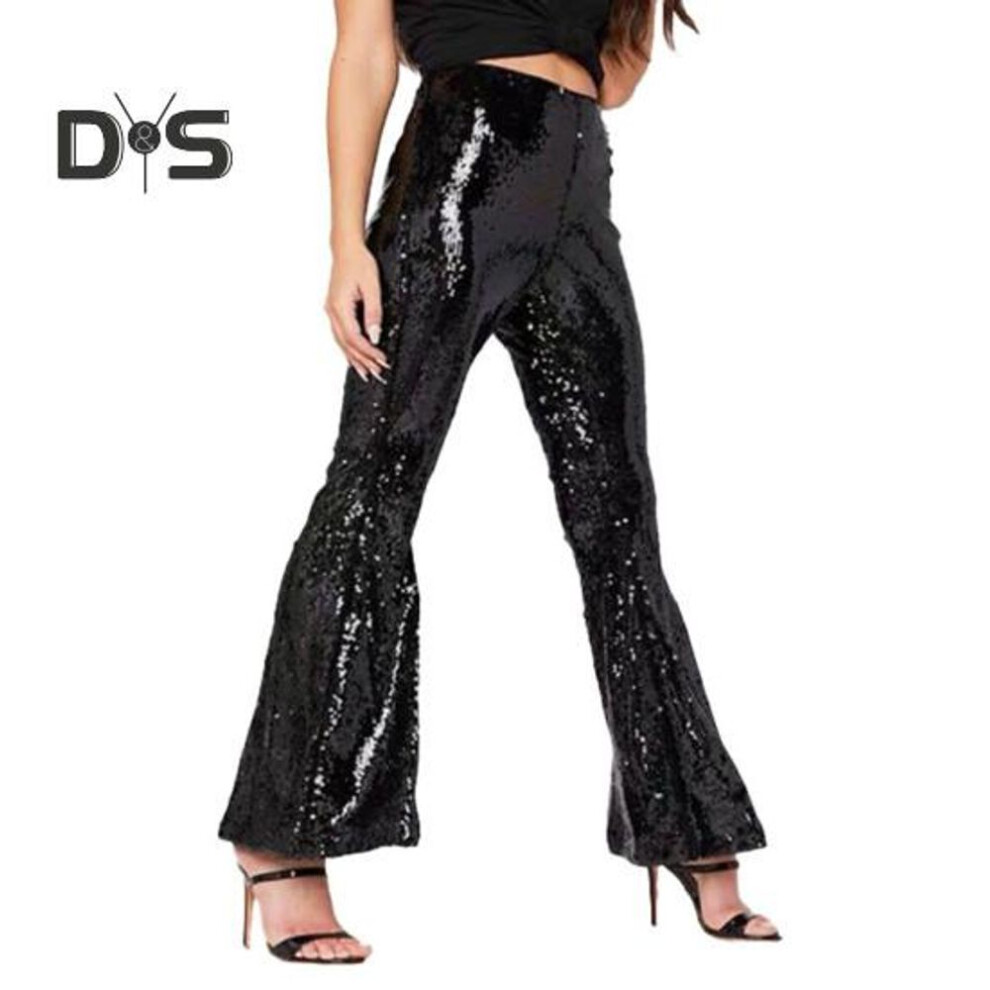 (black, L) Women Pants Shiny Sequin See-through Elastic High Waist Thin Loose Flared Hem Solid Color Full Length Soft Breathable Nightclub Party Performance