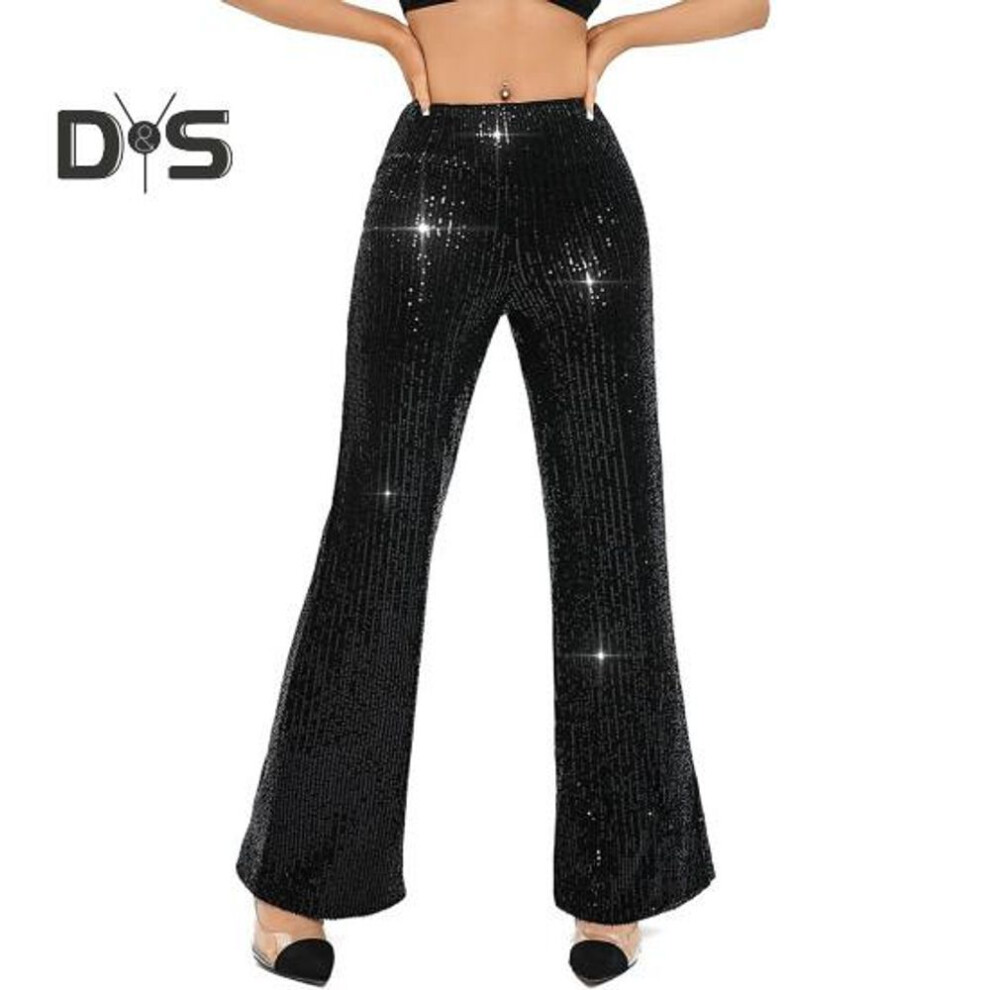 (black, S) Women High Waist Sparkling Pants Wide Leg Flared Trousers Sequin Bling Party Slacks Glitter Night Out Pants Clubwear