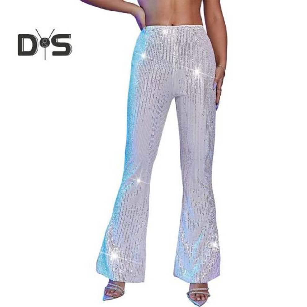 (white, M) Women High Waist Sparkling Pants Wide Leg Flared Trousers Sequin Bling Party Slacks Glitter Night Out Pants Clubwear