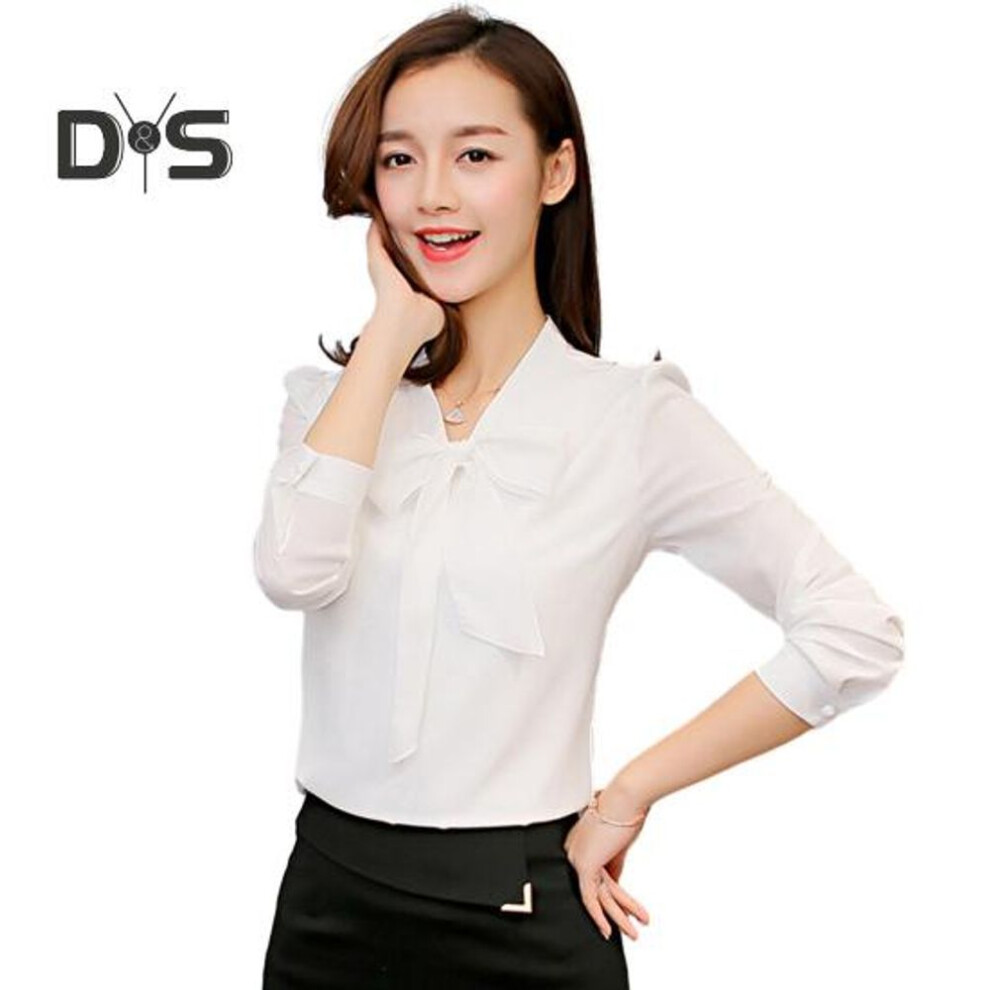 (L, white) Spring Summer Women Bowknot Lace Up Collar Shirt Tops Long Sleeve Solid Color Casual Chiffon Blouse Workwear