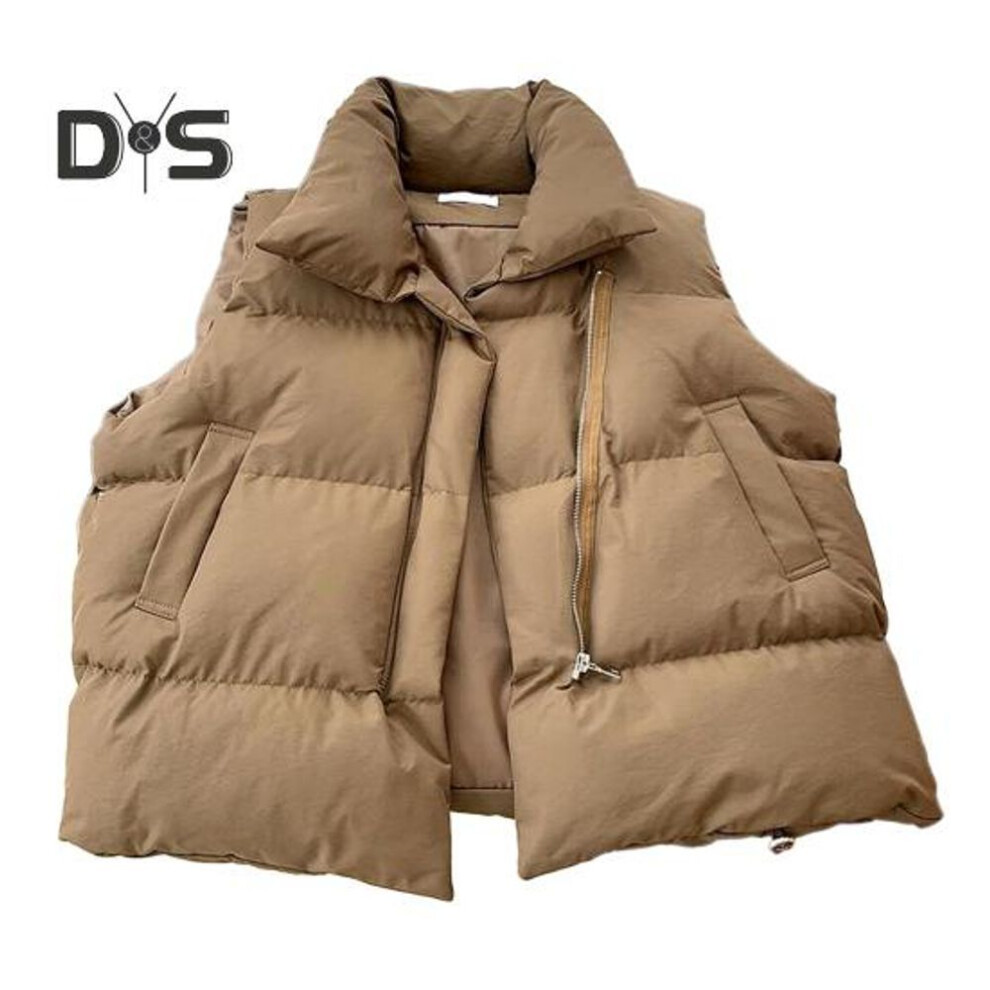 (khaki, 2XL) Women Winter Vest Thickened Padded Sleeveless Windproof Heat Retention Neck Protection Pockets Loose Cardigan Outdoor Waistcoat