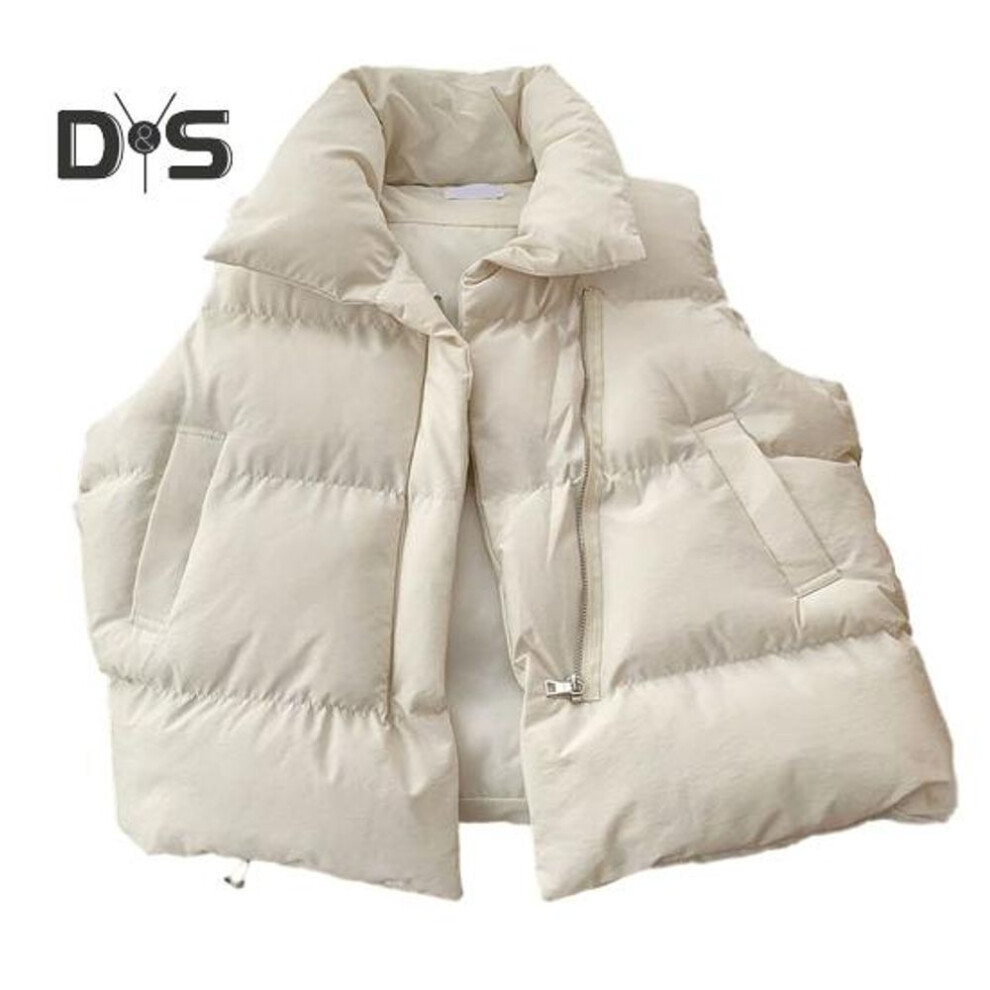 (beige, L) Women Winter Vest Thickened Padded Sleeveless Windproof Heat Retention Neck Protection Pockets Loose Cardigan Outdoor Waistcoat