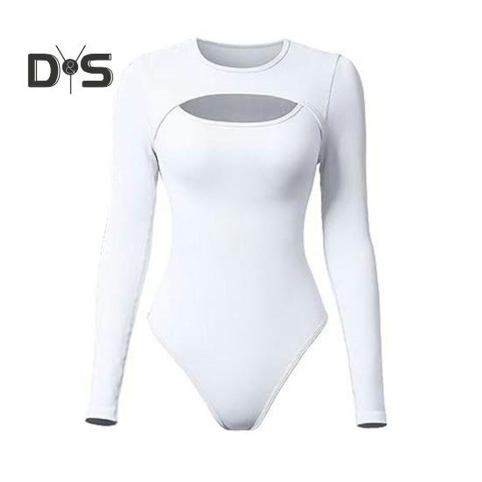 (white, S) Women Bodysuit Sexy Hollow Slim Fit Long Sleeves Round Collar Solid Color Stretch Breathable Soft Autumn Ladies Female Leotard Top Womenswear