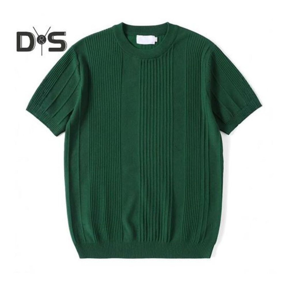 (green, L) Summer Bottoming T-shirt Knitted Striped Short Sleeves Stretchy Solid Color Round Neck Daily Top Pullover Exercise Gym Tee