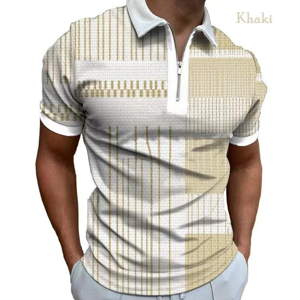 (khaki, L) New printed zip polo shirt square colour blocking men's t-shirt tops