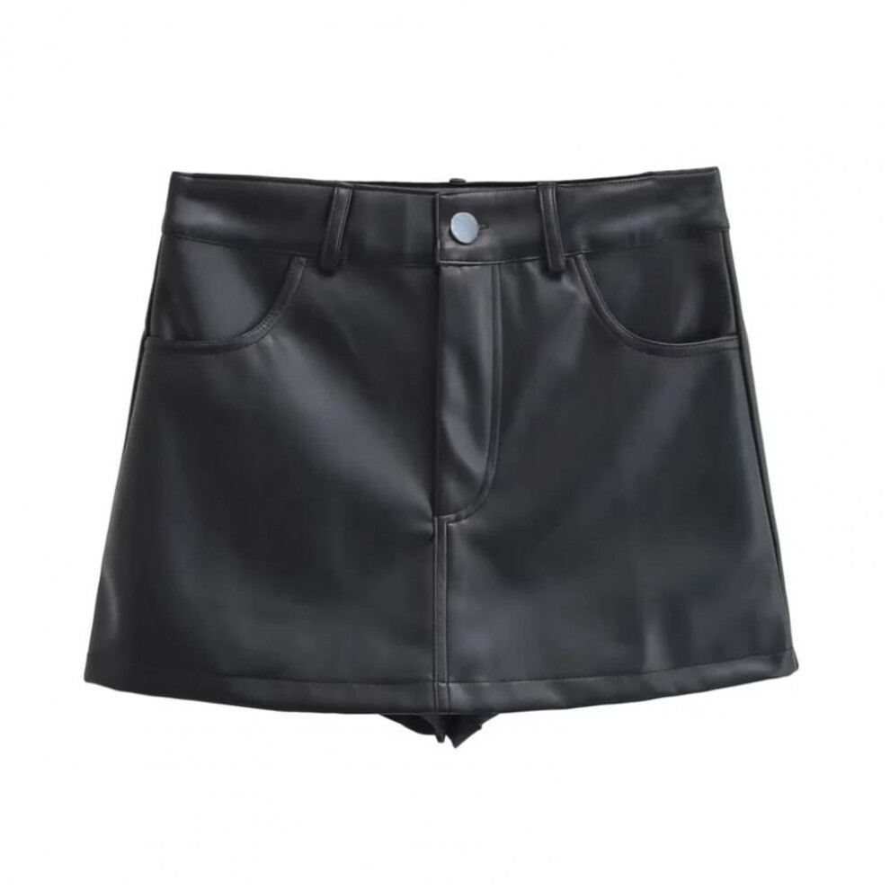 (XXL, black) Women Mini Skirt High Waist Button Zipper Fly Solid Color Skirt Faux Leather Hip Wrapped Short Skirt with Pockets