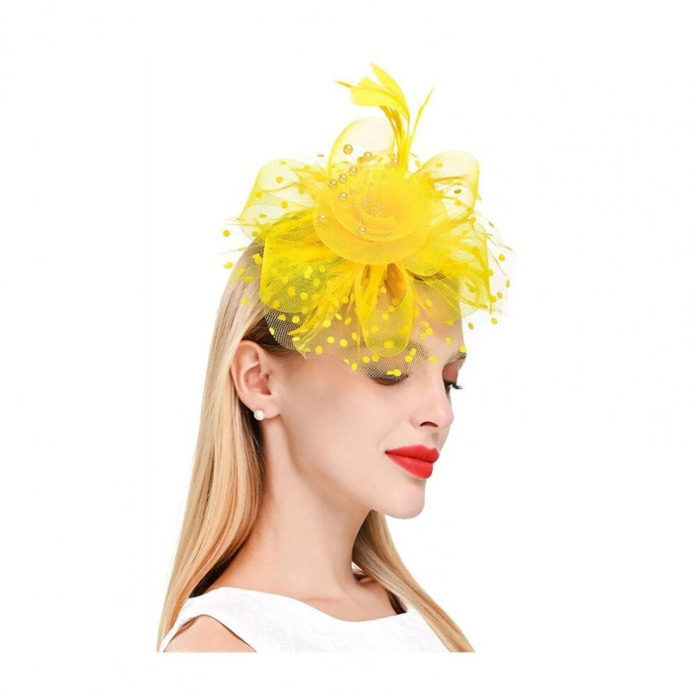 (yellow) Fascinators Hat With Mesh Flower Faux Pearl Feather Decor Tea Party Headwear Clip Retro Hair Hoop Party Headband