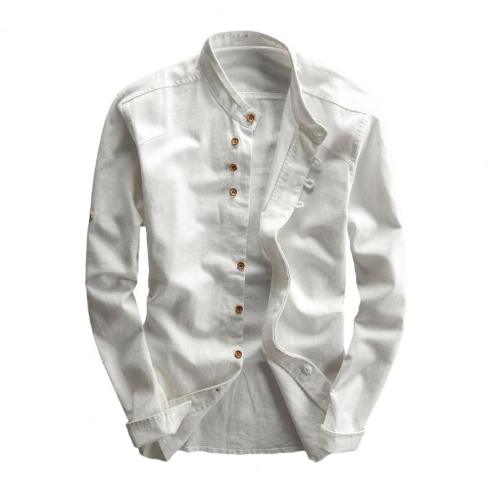 (M, white) Fall Winter Shirt Stand Collar Long Sleeve Thick Single-breasted Cardigan Solid Color Soft Warm Retro Slim Fit Mid Length Casual