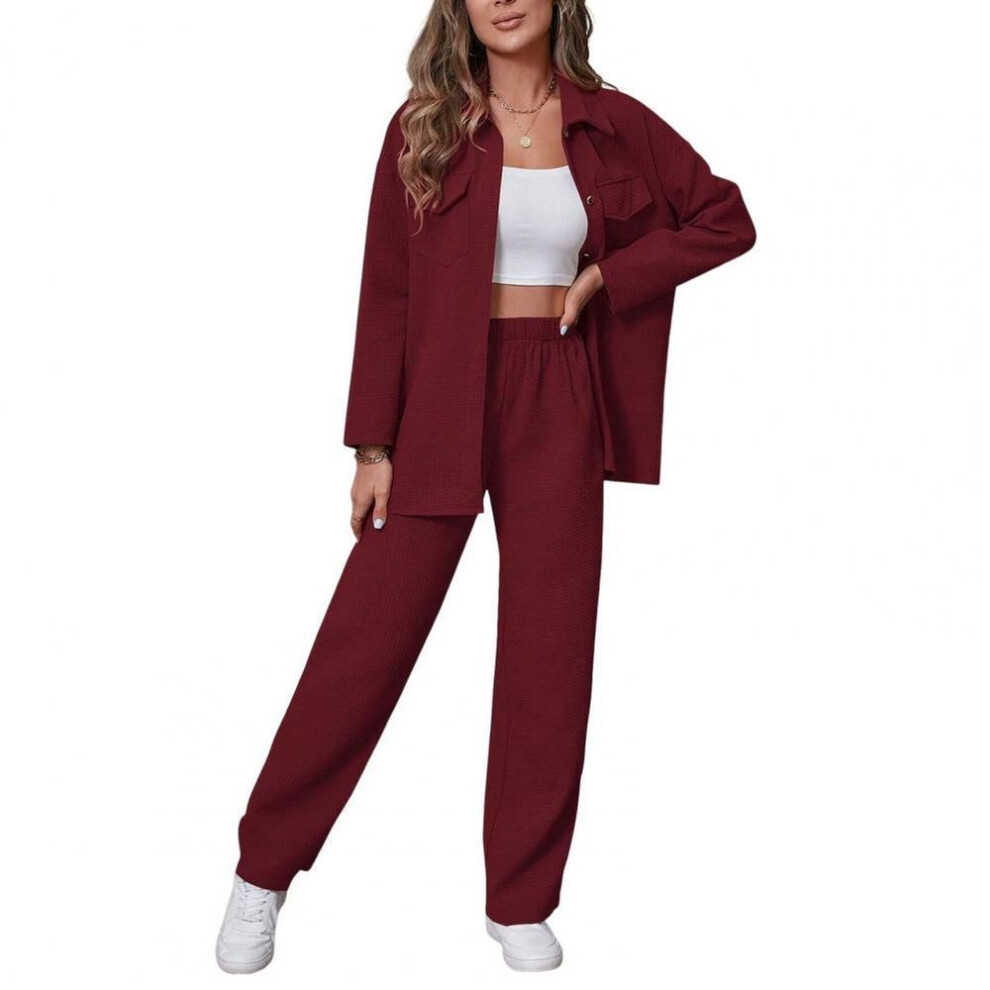 (wine red, M) Women Casual Suit Set Elegant Women's Shirt Pants Set with Lapel Button-down Blouse Elastic Waist Trousers for Fall for Office
