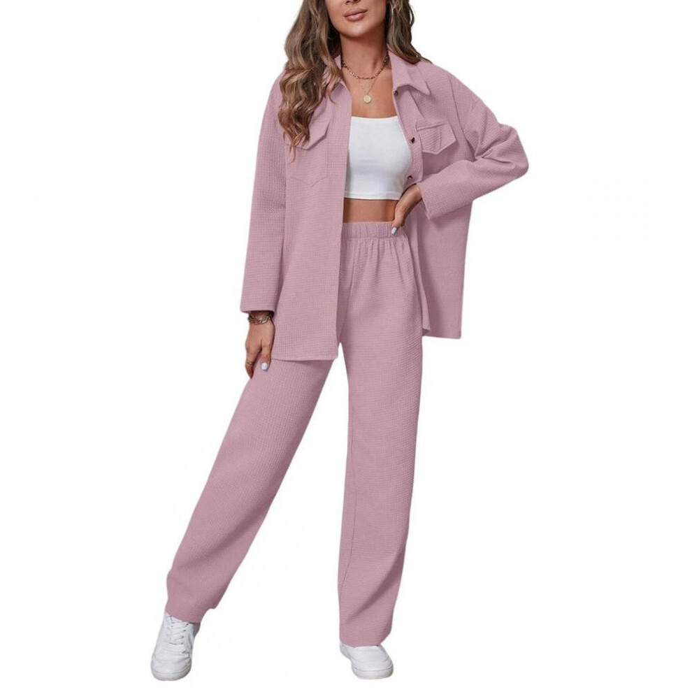 (pink, M) Women Casual Suit Set Elegant Women's Shirt Pants Set with Lapel Button-down Blouse Elastic Waist Trousers for Fall for Office