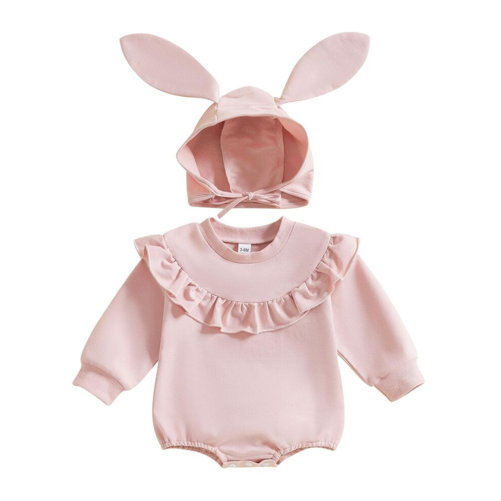 (pink, 12-18 Months) Baby Girl Easter Outfit, Long Sleeve Crew Neck Solid Romper With Bunny Ears Hat Fall Clothes