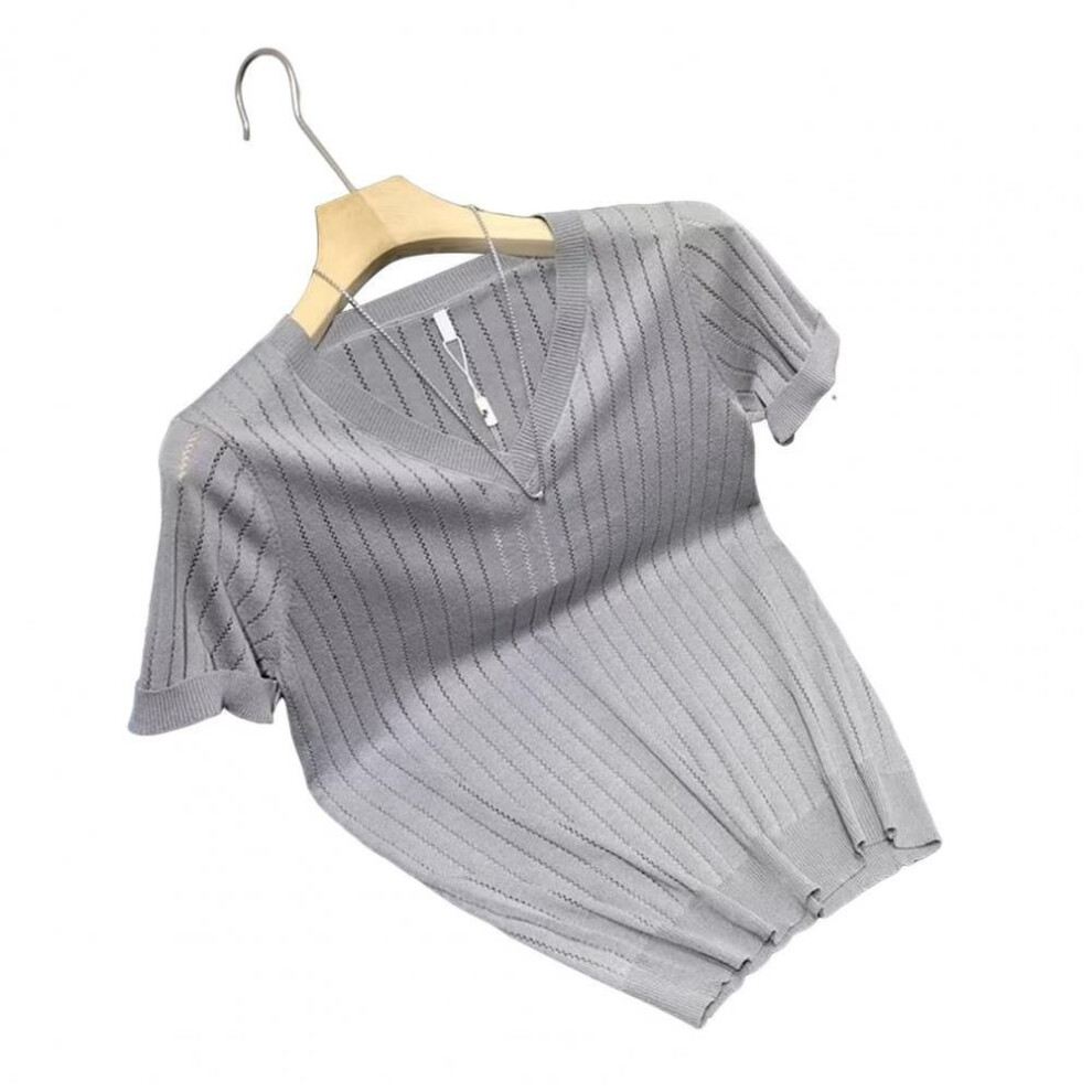 (grey, XXXL) Summer Men T-shirt Hollow Out Thin Slim Fit Stretchy V Neck Pure Color Short Sleeves Pullover Fitness Sport Gym Top Daily Wear B