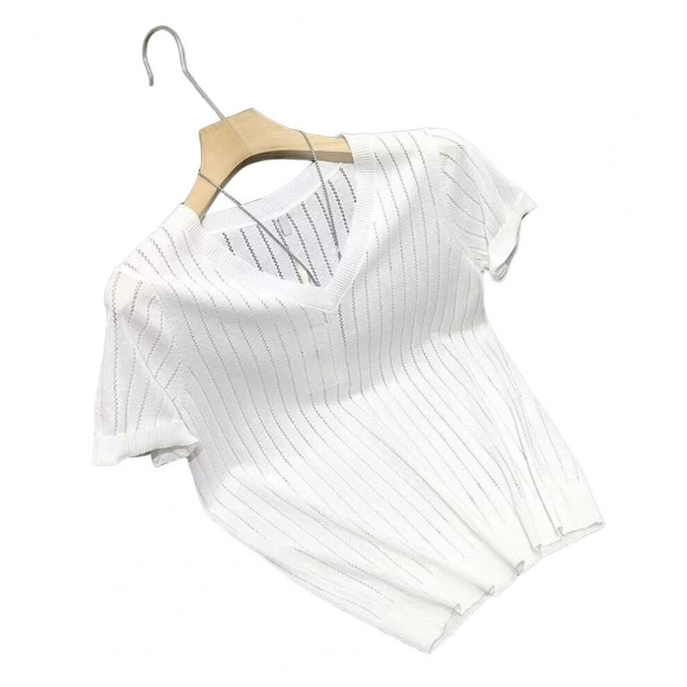 (white, M) Summer Men T-shirt Hollow Out Thin Slim Fit Stretchy V Neck Pure Color Short Sleeves Pullover Fitness Sport Gym Top Daily Wear B