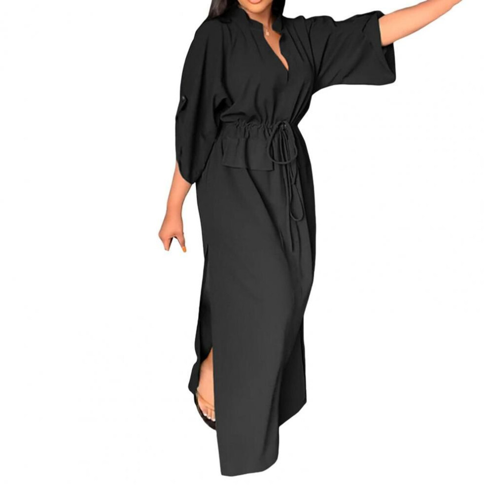 (black, XL) Summer Fall Dress V Neck Drawstring Slim Waist Side Split Three-quarter Sleeves Pure Color With Cufflink Daily Wear Commuting Da