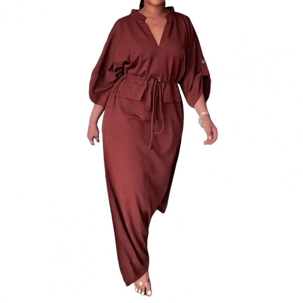 (brown, L) Summer Fall Dress V Neck Drawstring Slim Waist Side Split Three-quarter Sleeves Pure Color with Cufflink Daily Wear Commuting Da