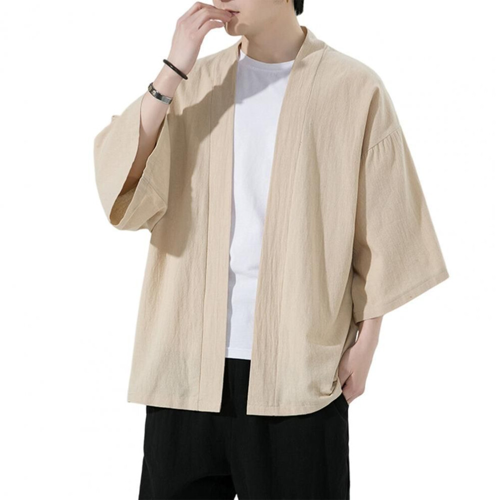(khaki, M) Men Summer Shirt Solid Color Cardigan Open Stitch Chinese Style Plus Size Three Quarter Sleeves Soft Breathable Quick-drying Cas