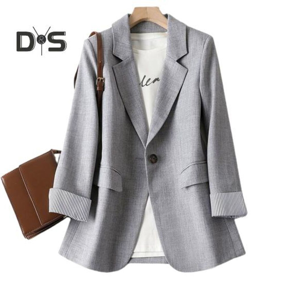 (grey, L) Women Fall Spring Suit Coat Formal Business Style Solid Color Single Button Long Sleeve Lapel Pockets Striped Cuff Slim Fit Ol Commute Cardigan Jacket