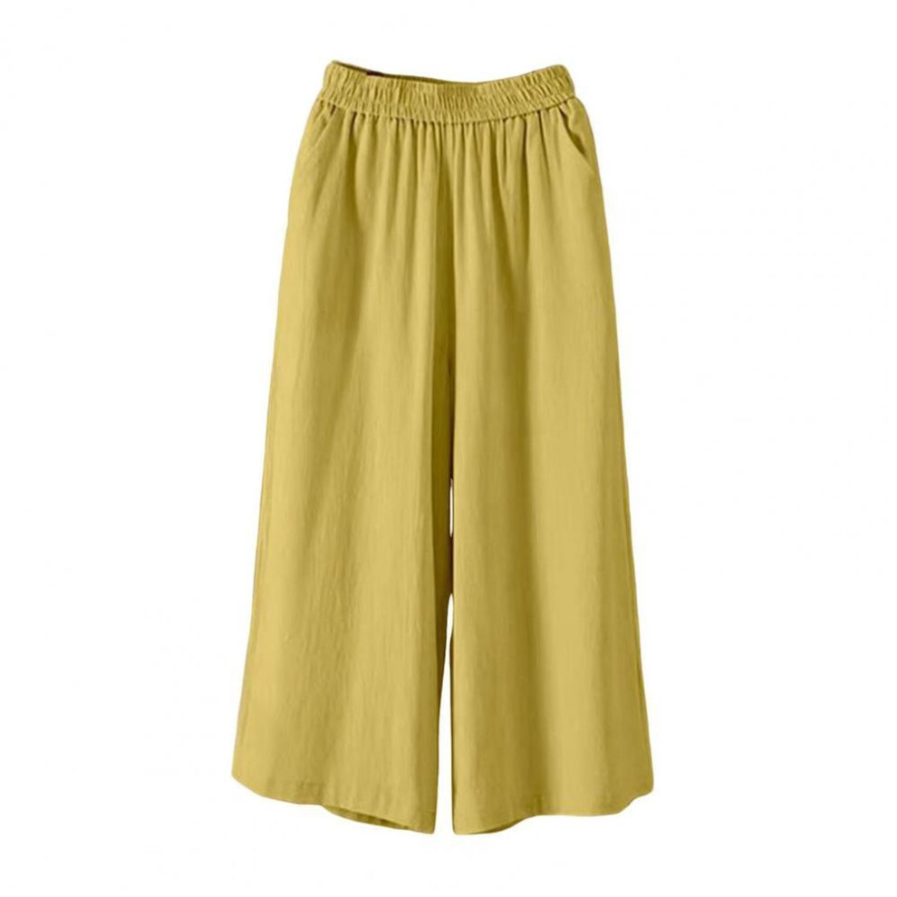 (yellow, XXXL) Solid Color Wide-leg Pants Stylish Women's Cropped Pants with Elastic Waist Wide Leg Design Pockets Solid Color Casual for A