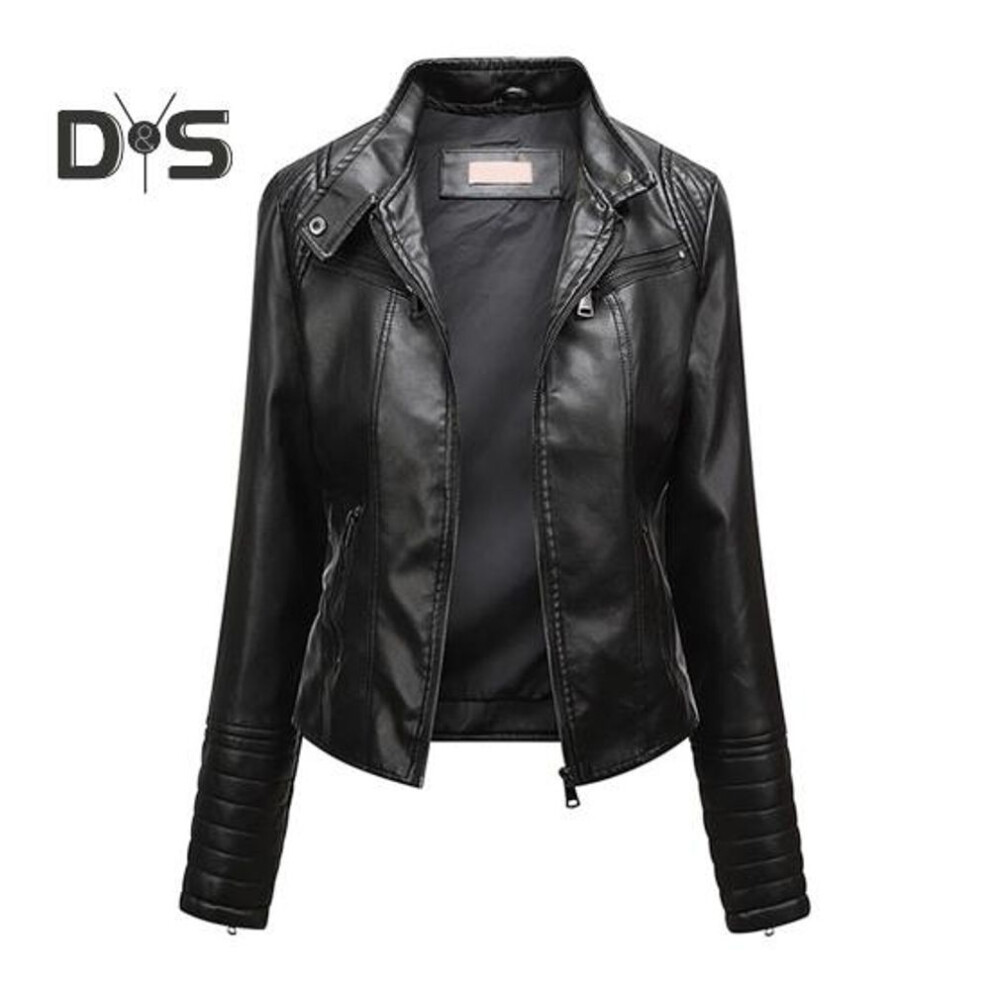 (black, XL) Women Solid Color Slim Fit Faux Leather Jacket Stand Collar Long Sleeve Pockets Zipper Placket Biker Coat Thin Style Outwear