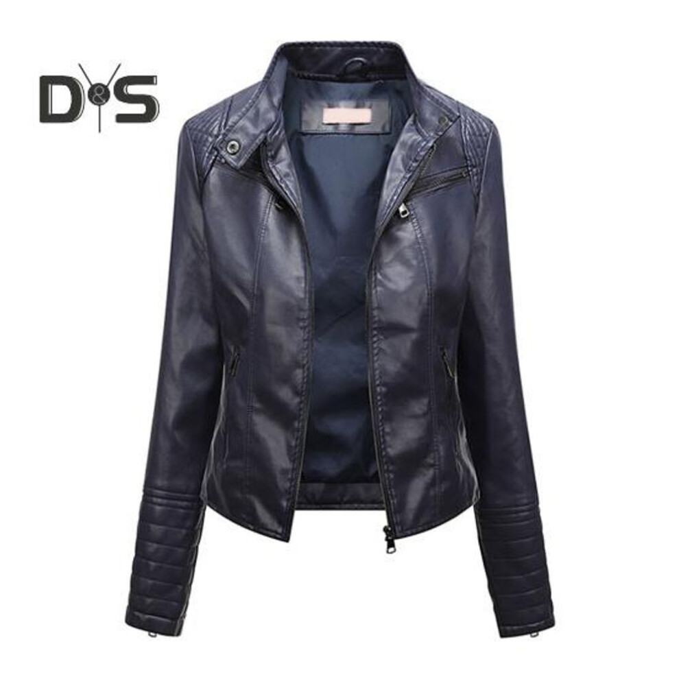 (dark blue, L) Women Solid Color Slim Fit Faux Leather Jacket Stand Collar Long Sleeve Pockets Zipper Placket Biker Coat Thin Style Outwear