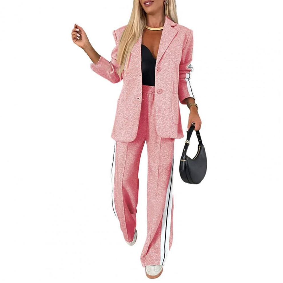 (pink, XXXL) Women Shirt Pants Set Elegant Women's Formal Coat Pants Set With Striped Wide Leg Trousers Chic Single-breasted Jacket For Daily