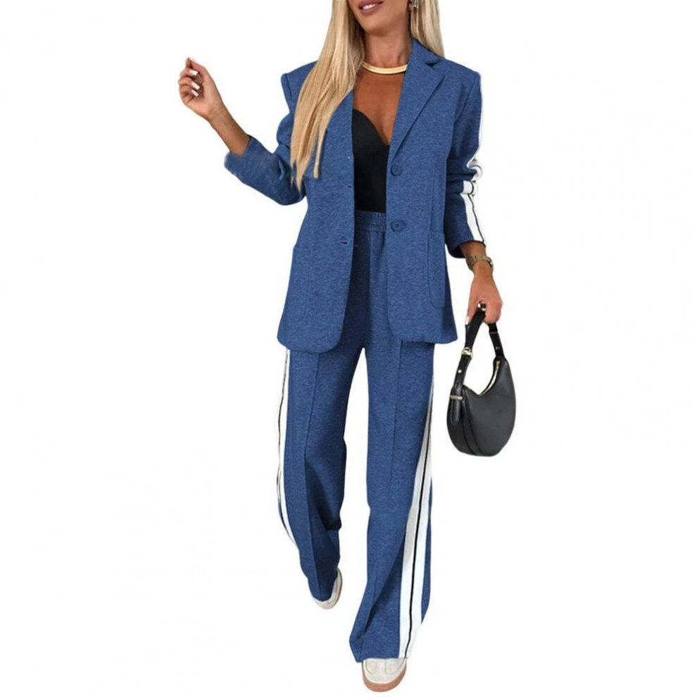 (blue, M) Women Shirt Pants Set Elegant Women's Formal Coat Pants Set with Striped Wide Leg Trousers Chic Single-breasted Jacket for Daily