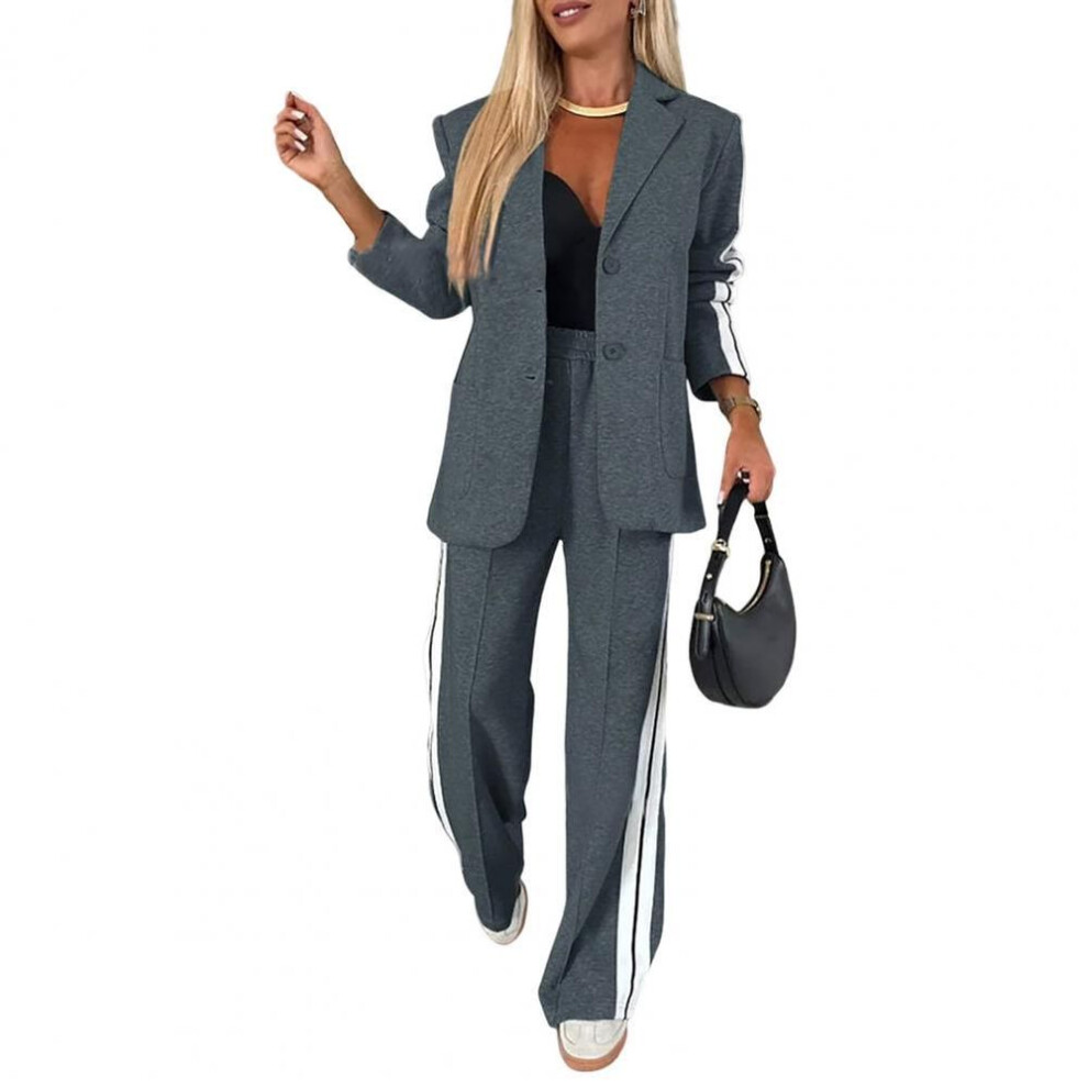 (dark gray, XL) Women Shirt Pants Set Elegant Women's Formal Coat Pants Set With Striped Wide Leg Trousers Chic Single-breasted Jacket For Daily