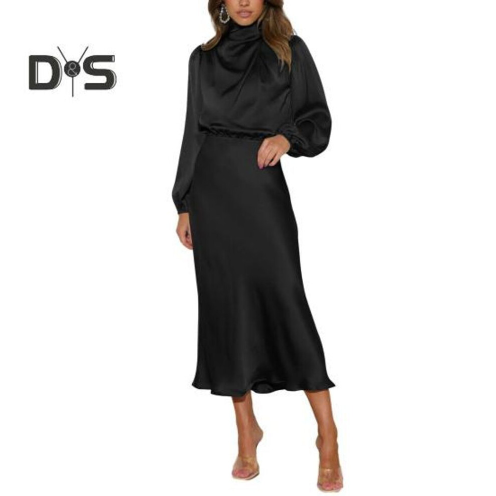 (black, M) Women Dress Half High Collar Satin Long Sleeve Solid Color Hollow Out Lantern Sleeve Tight Waist Evening Dress Wedding Cocktail Party Midi Dress