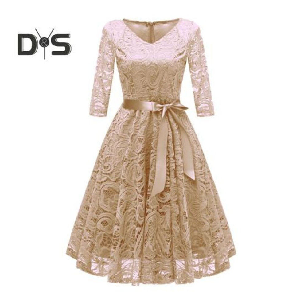 (apricot, 2XL) Women Prom Dress V Neck Back Zipper Bow Belt Tight Mid Waist Flower Embroidery A-line Loose Hem Long Sleeve Double Layers Elegant Party Banquet Midi