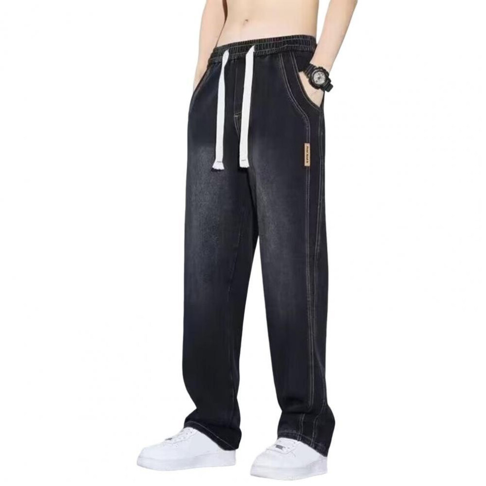 (black gray, L) Men Summer Jeans Elastic Waist Adjustable Drawstring Denim Pants with Pockets Solid Color Straight Wide Leg Casual Pants