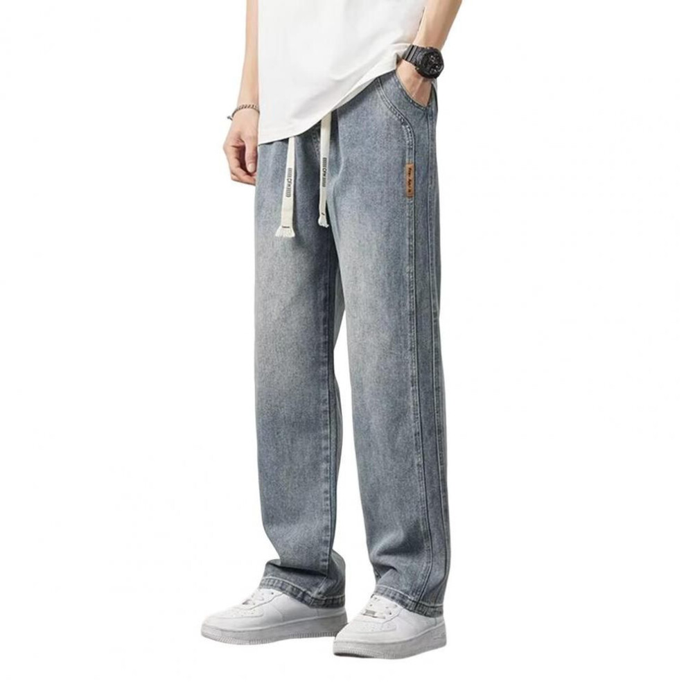 (blue, L) Men Summer Jeans Elastic Waist Adjustable Drawstring Denim Pants with Pockets Solid Color Straight Wide Leg Casual Pants