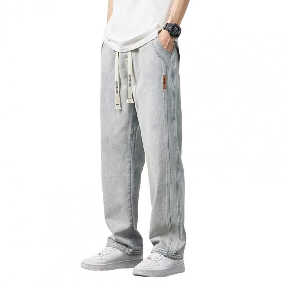 (light grey, 5XL) Men Summer Jeans Elastic Waist Adjustable Drawstring Denim Pants with Pockets Solid Color Straight Wide Leg Casual Pants