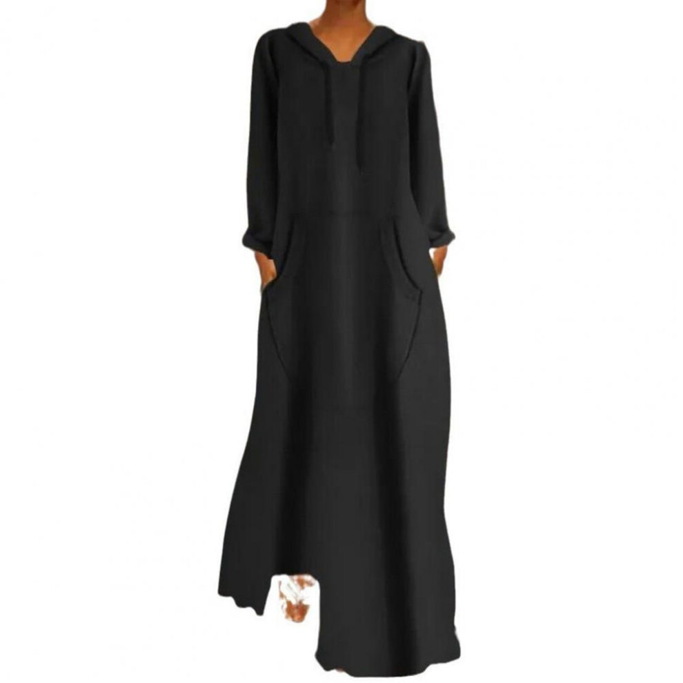 (black, XL) Women Fall Spring Maxi Dress Hooded Loose Solid Color Drawstring Pockets Full Length Pullover Soft Breathable Dress