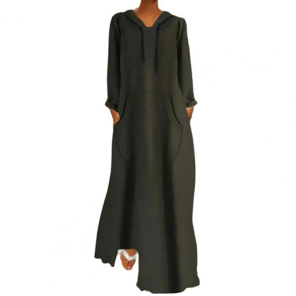(army green, L) Women Fall Spring Maxi Dress Hooded Loose Solid Color Drawstring Pockets Full Length Pullover Soft Breathable Dress