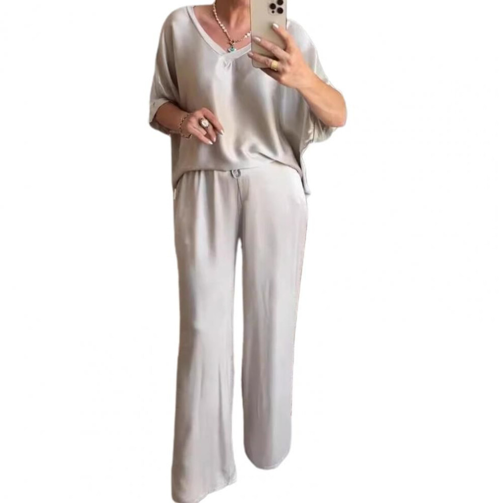 (silver, XL) Women Wide Leg Trousers Suit Elegant Satin Top Wide Leg Pants Set for Women V Neck Blouse with Drawstring Waist Loose for Ladies