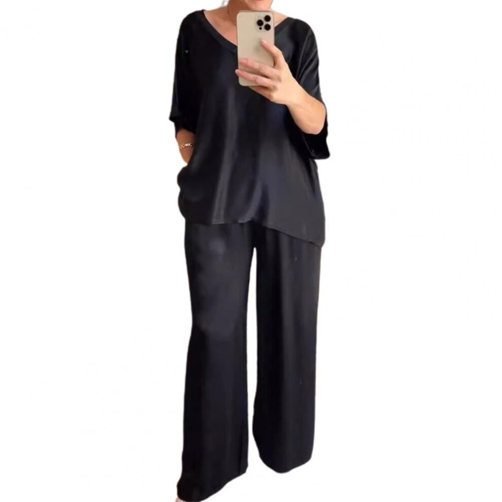 (black, M) Women Wide Leg Trousers Suit Elegant Satin Top Wide Leg Pants Set for Women V Neck Blouse with Drawstring Waist Loose for Ladies
