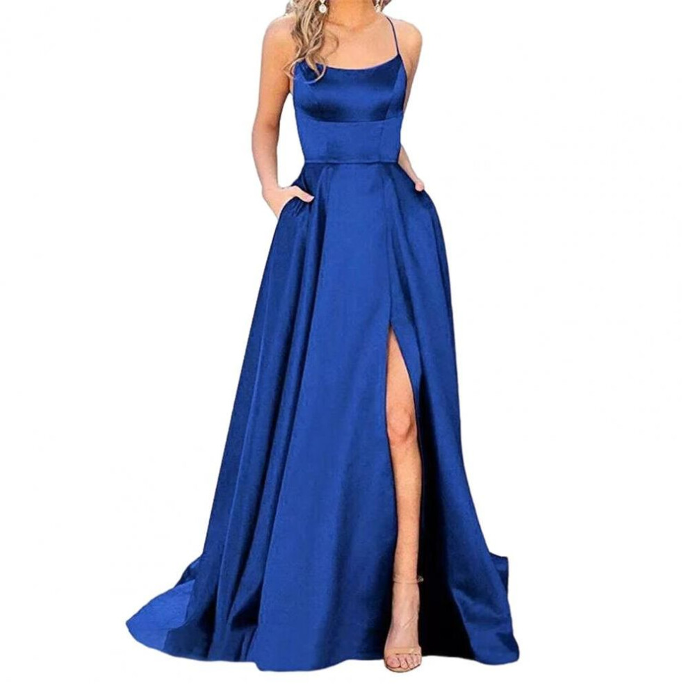 (dark blue, XL) Prom Maxi Dress Elegant Satin Evening Dress with Spaghetti Straps High Slit Side Pockets for Prom Banquet or Party Off Shoulder