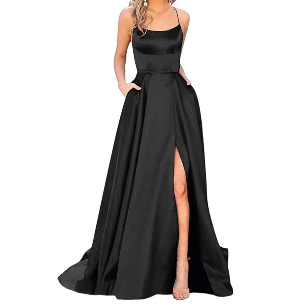 (black, XL) Prom Maxi Dress Elegant Satin Evening Dress with Spaghetti Straps High Slit Side Pockets for Prom Banquet or Party Off Shoulder
