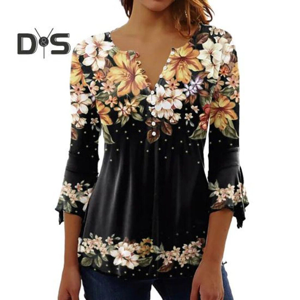 (3XL, black) Women Spring Autumn V neck Buttons Half Placket Blouse 3/4 Sleeves Loose Hem 3D Flower Print Pullover T Shirt Top Streetwear