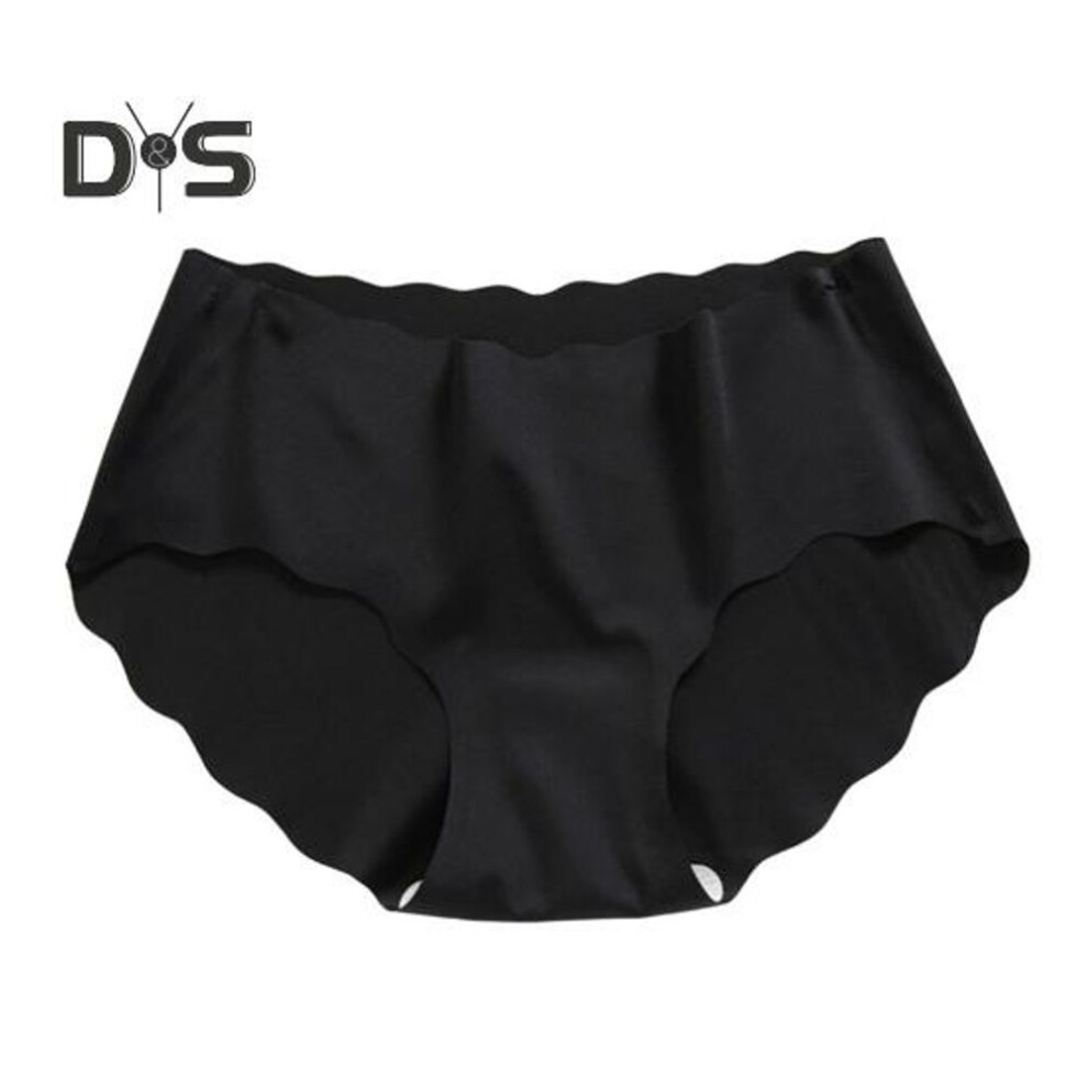 (black, XL) Women Solid Color Mid Rise Briefs Wave Trim Seamless Smooth Thin Female Panties Soft Hip Lifting Underwear