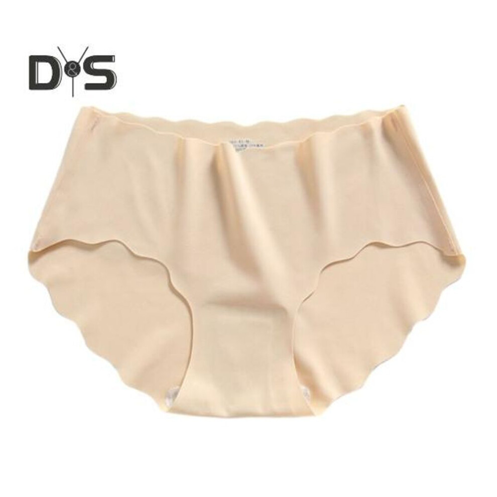 (beige, M) Women Solid Color Mid rise Briefs Wave Trim Seamless Smooth Thin Female Panties Soft Hip Lifting Underwear