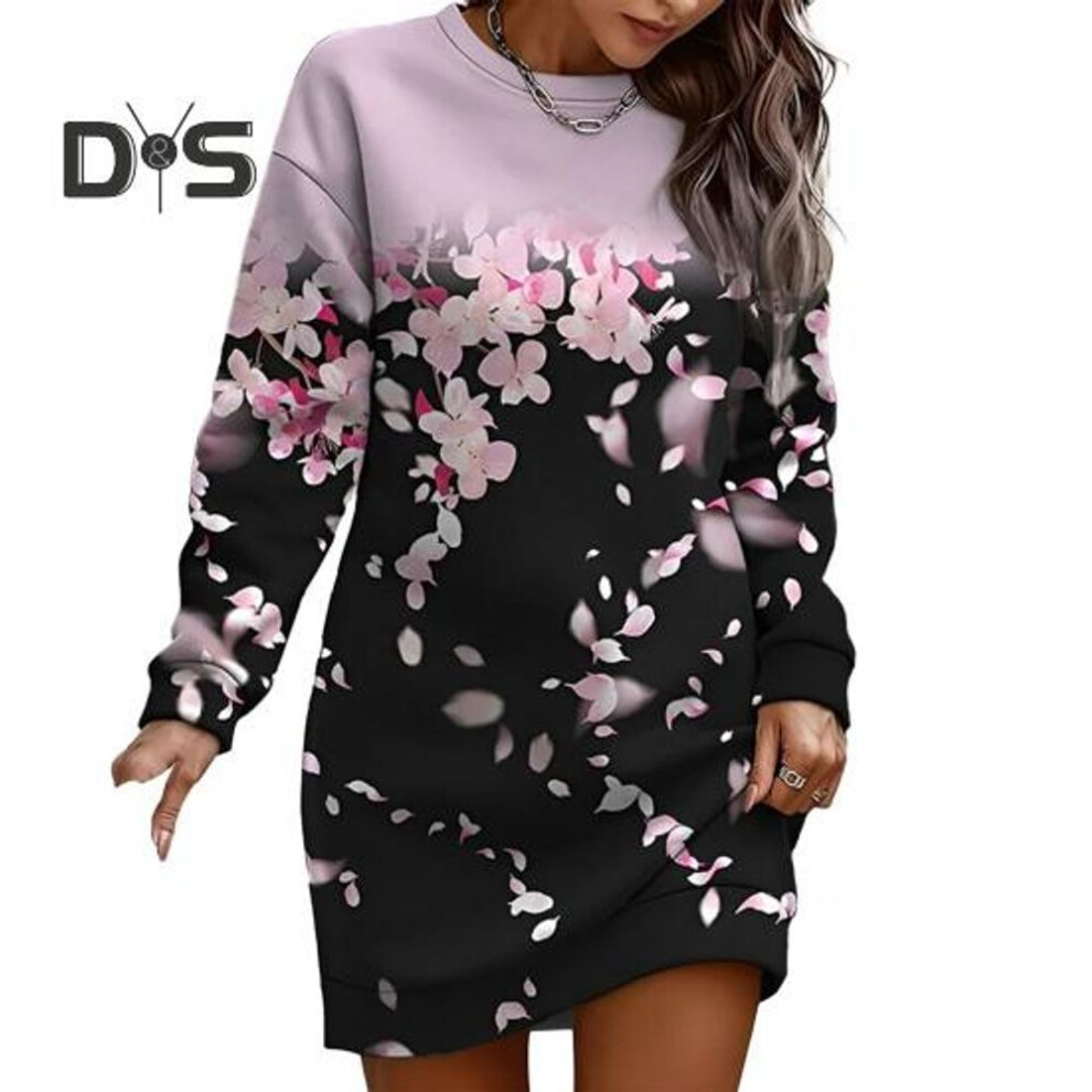 (black, 3XL) Women Fall Winter Sweartshirt Dress Flower Print Round Neck Long Sleeve Loose Pullover Thick Warm Mid Length Elastic Cuff Lady Spring Mini Dress