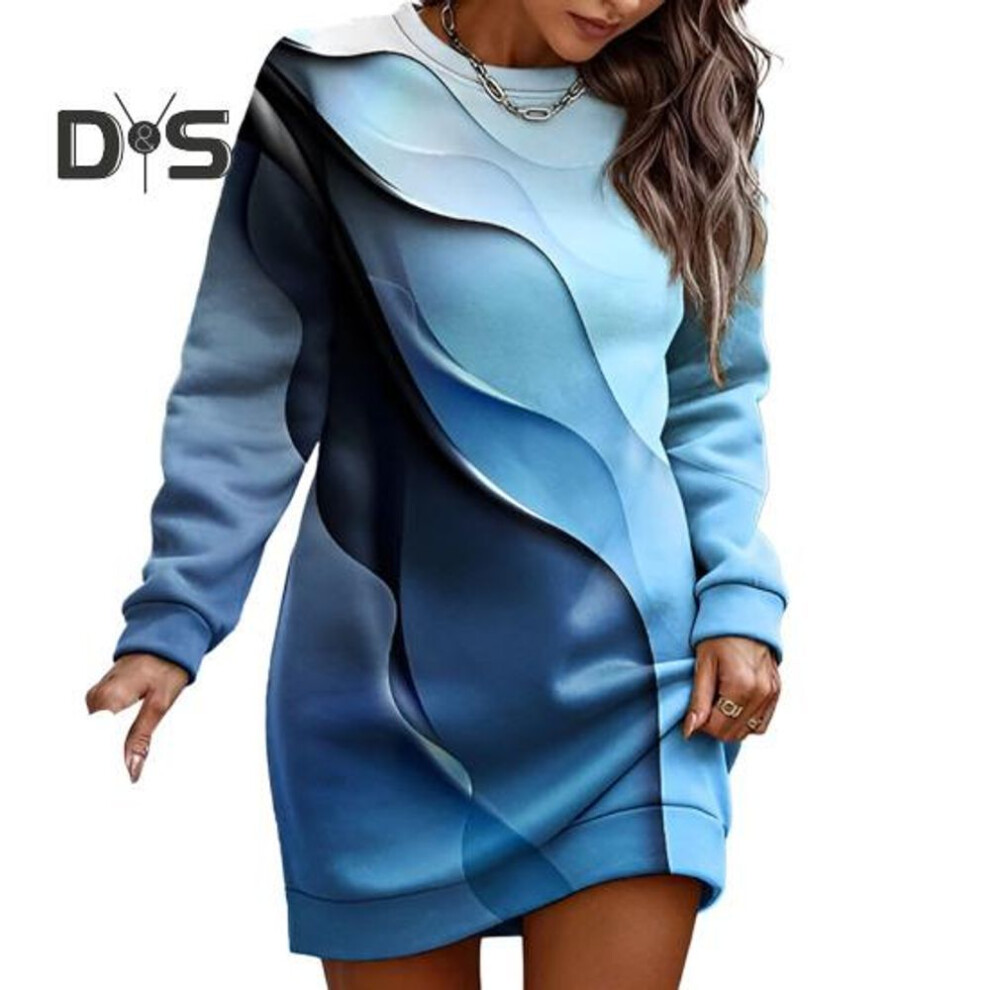 (blue, 2XL) Women Fall Winter Sweartshirt Dress Flower Print Round Neck Long Sleeve Loose Pullover Thick Warm Mid Length Elastic Cuff Lady Spring Mini Dress
