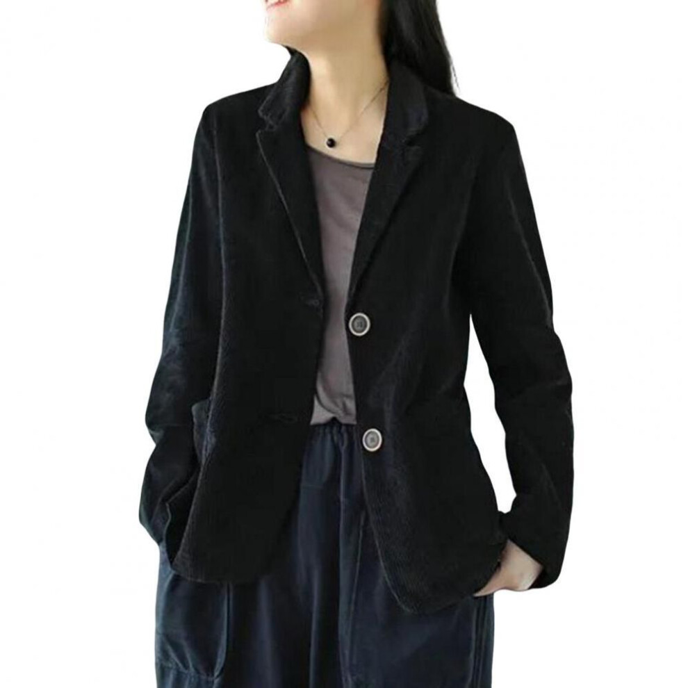 (black, L) Corduroy Suit Coat Women Autumn Retro Loose Fit Single-Breasted Suit Jacket Lapel Long Sleeve Solid Color Business Coat with Poc