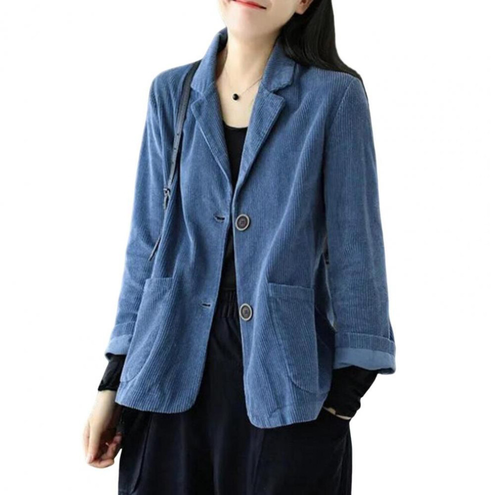 (blue, XL) Corduroy Suit Coat Women Autumn Retro Loose Fit Single-Breasted Suit Jacket Lapel Long Sleeve Solid Color Business Coat with Poc