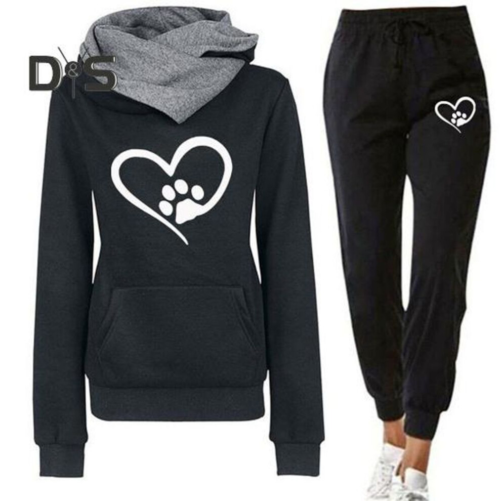 (black, M) 2pcs/set Women Autumn Winter Heart Print Sport Outfit Hooded Long Sleeve Front Pocket Sweatshirt Tops Elastic Waist Jogger Pants Tracksuit