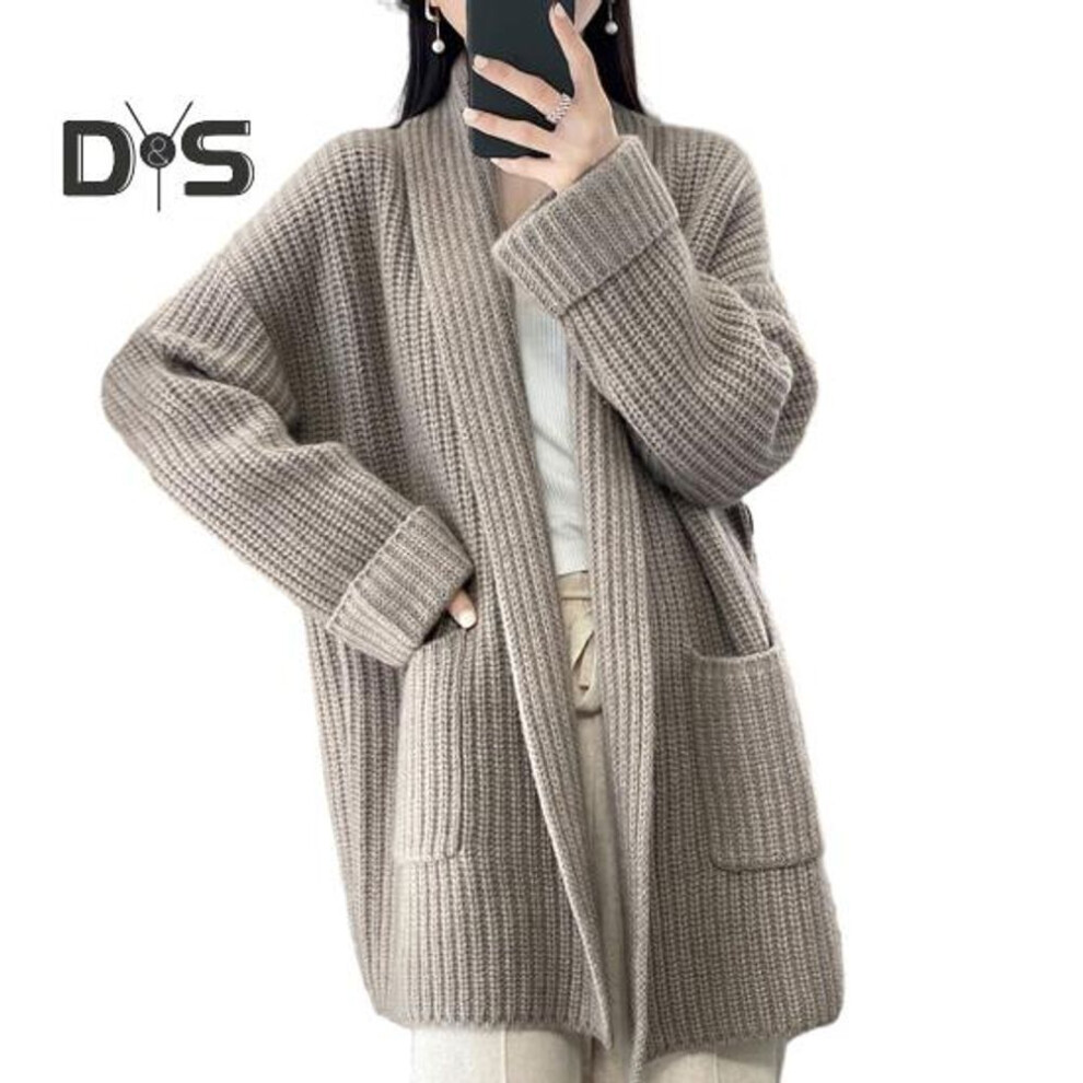 (camel) Women Fall Winter Cardigan Sweater Open Stitch Knitted Pockets Lapel Loose Thick Warm Soft Elastic Long Sleeve Plus Size Mid Length Lady Coat Jacket