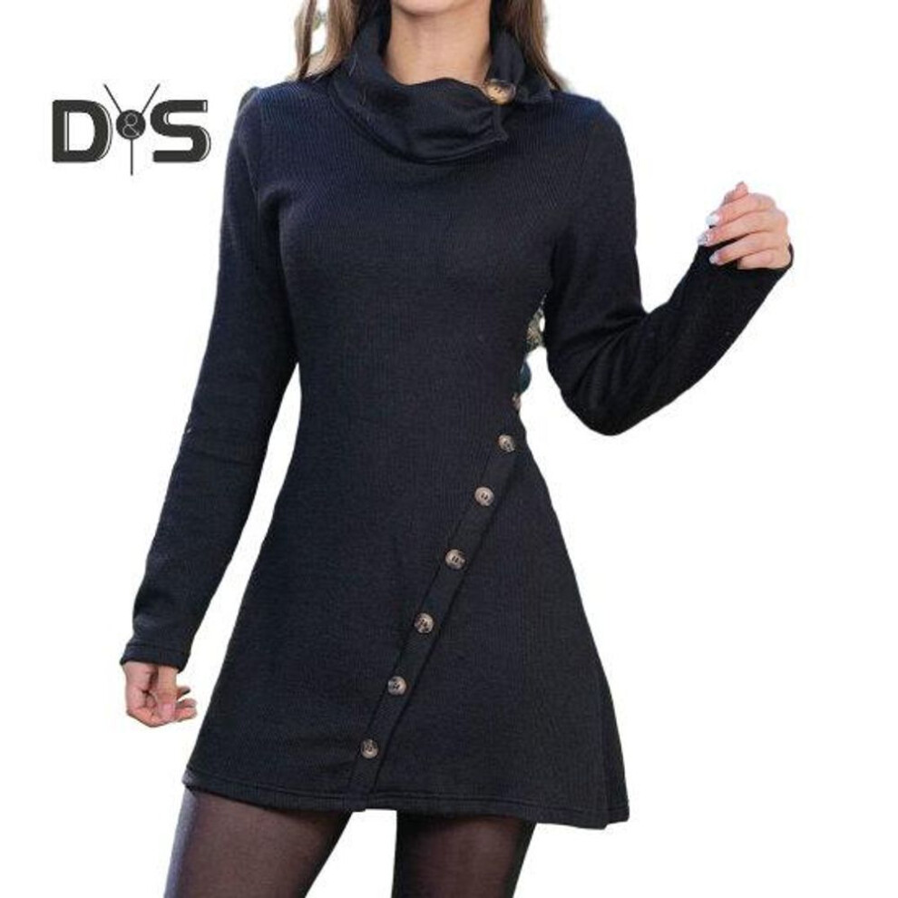 (black, 3XL) Women Autumn Winter Solid Color Mini Dress Piled Collar Long Sleeve Hip Wrapped Buttons Decor Short Dress High Waist Dress Streetwear