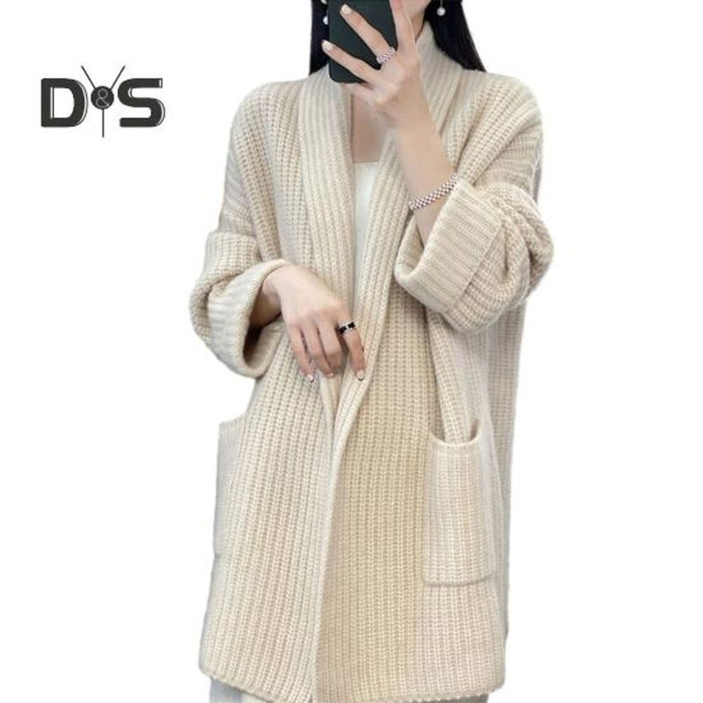 (ivory) Women Fall Winter Cardigan Sweater Open Stitch Knitted Pockets Lapel Loose Thick Warm Soft Elastic Long Sleeve Plus Size Mid Length Lady Coat Jacket